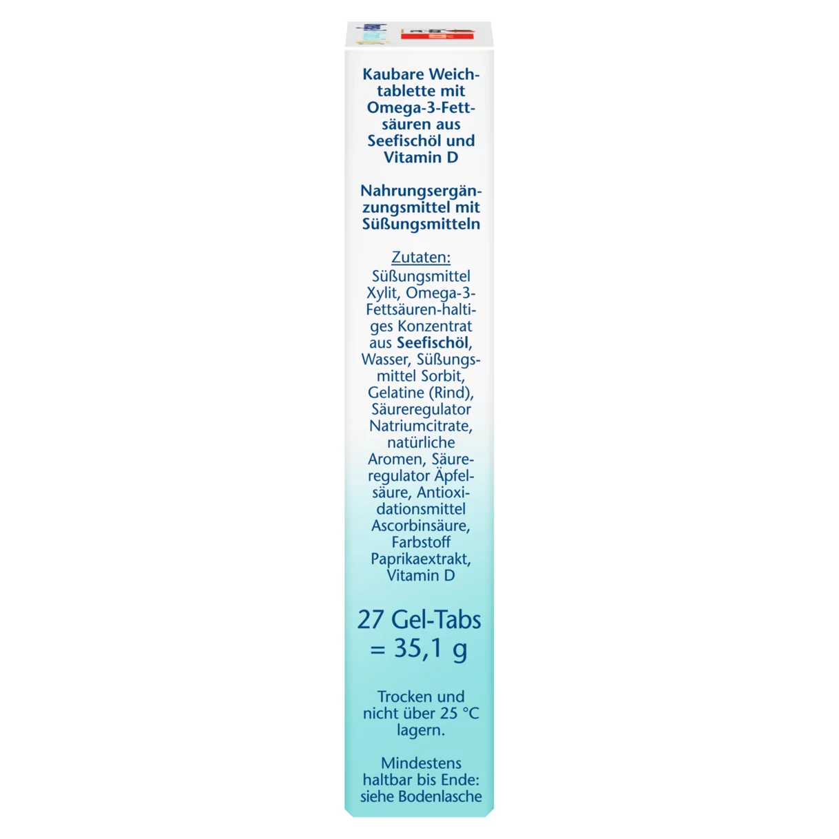 Abbildung der Produktverpackung Doppelherz aktiv Omega-3 + Vitamin D3 Kids Seitenansicht rechts